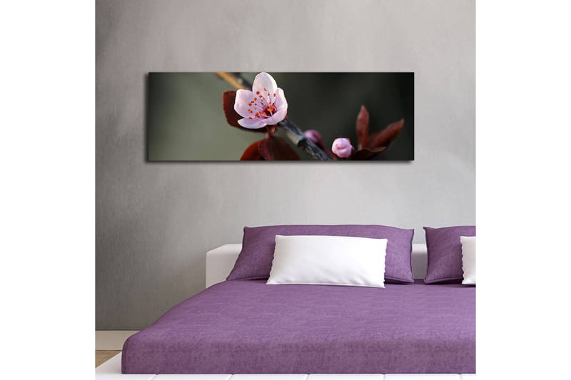 Canvas-taulu LED-valaistuksella 30x90 cm - Kaunis kukka vaaleanpunaisilla terälehdillä ja tummanvihreillä lehdillä - Vaaleanpunainen / Tummanvihreä - Sisustustuotteet - Taulu & taide - Canvas-taulu