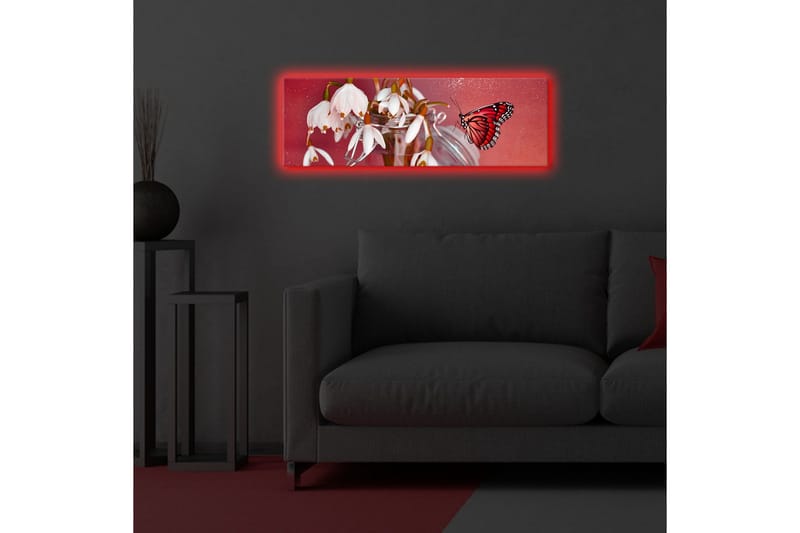 Canvas-taulu LED-valaistuksella 30x90 cm - Kaunis lumikellojen kimppu värikkäällä perhosella - Punainen / Valkoinen / Vihreä - Sisustustuotteet - Taulu & taide - Canvas-taulu