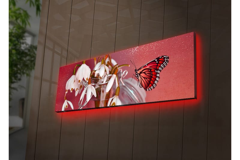 Canvas-taulu LED-valaistuksella 30x90 cm - Kaunis lumikellojen kimppu värikkäällä perhosella - Punainen / Valkoinen / Vihreä - Sisustustuotteet - Taulu & taide - Canvas-taulu