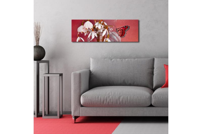 Canvas-taulu LED-valaistuksella 30x90 cm - Kaunis lumikellojen kimppu värikkäällä perhosella - Punainen / Valkoinen / Vihreä - Sisustustuotteet - Taulu & taide - Canvas-taulu