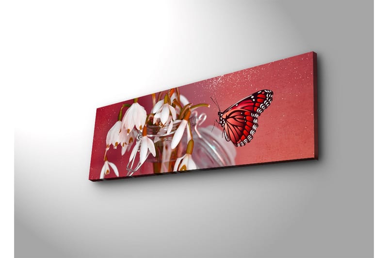 Canvas-taulu LED-valaistuksella 30x90 cm - Kaunis lumikellojen kimppu värikkäällä perhosella - Punainen / Valkoinen / Vihreä - Sisustustuotteet - Taulu & taide - Canvas-taulu