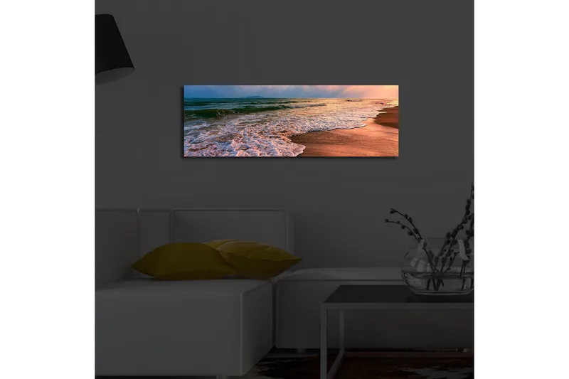 Canvas-taulu LED-valaistuksella 30x90 cm - Kaunis ranta auringonlaskun ja pehmeiden aaltojen kera - Sininen / Oranssi / Beige - Sisustustuotteet - Taulu & taide - Canvas-taulu