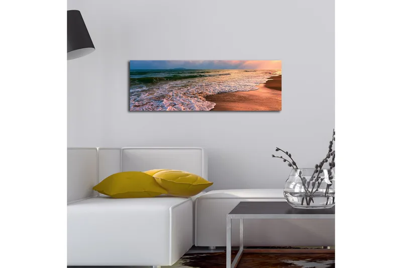 Canvas-taulu LED-valaistuksella 30x90 cm - Kaunis ranta auringonlaskun ja pehmeiden aaltojen kera - Sininen / Oranssi / Beige - Sisustustuotteet - Taulu & taide - Canvas-taulu