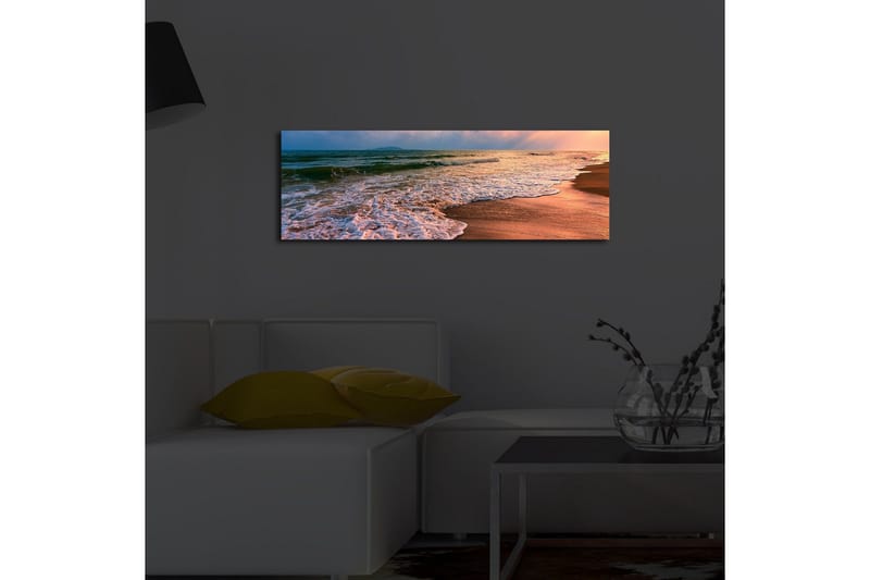 Canvas-taulu LED-valaistuksella 30x90 cm - Kaunis ranta auringonlaskun ja pehmeiden aaltojen kera - Sininen / Oranssi / Beige - Sisustustuotteet - Taulu & taide - Canvas-taulu