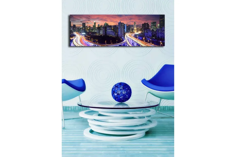 Canvas-taulu LED-valaistuksella 30x90 cm - Kaupungin siluetti hämärässä teiden valonsäteiden lumoissa - Tummansininen / Oranssi / Violetti - Sisustustuotteet - Taulu & taide - Canvas-taulu