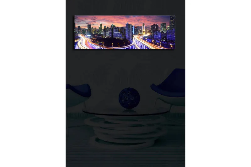 Canvas-taulu LED-valaistuksella 30x90 cm - Kaupungin siluetti hämärässä teiden valonsäteiden lumoissa - Tummansininen / Oranssi / Violetti - Sisustustuotteet - Taulu & taide - Canvas-taulu