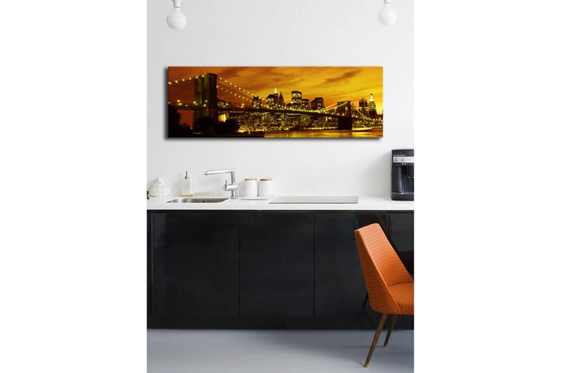 Canvas-taulu LED-valaistuksella 30x90 cm - Kaupungin siluetti ja silta auringonlaskun kultaisessa valossa - Kulta / Musta / Oranssi - Sisustustuotteet - Taulu & taide - Canvas-taulu