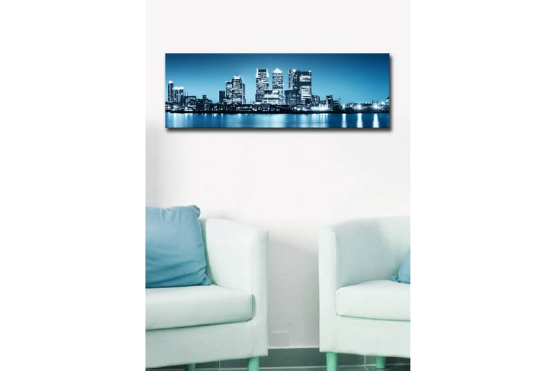 Canvas-taulu LED-valaistuksella 30x90 cm - Kaupungin siluetti moderneilla pilvenpiirtäjillä veden reunalla - Sininen / Musta / Valkoinen - Sisustustuotteet - Taulu & taide - Canvas-taulu