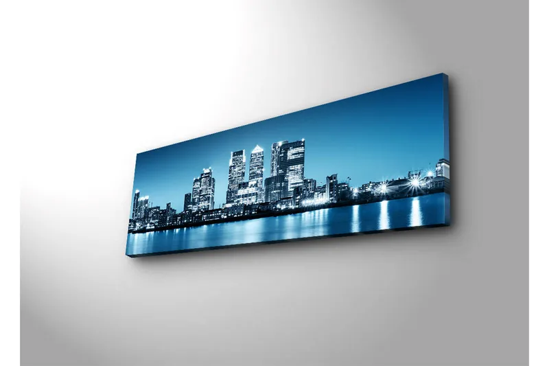 Canvas-taulu LED-valaistuksella 30x90 cm - Kaupungin siluetti moderneilla pilvenpiirtäjillä veden reunalla - Sininen / Musta / Valkoinen - Sisustustuotteet - Taulu & taide - Canvas-taulu