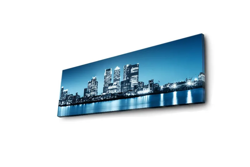 Canvas-taulu LED-valaistuksella 30x90 cm - Kaupungin siluetti moderneilla pilvenpiirtäjillä veden reunalla - Sininen / Musta / Valkoinen - Sisustustuotteet - Taulu & taide - Canvas-taulu