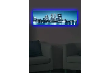 Canvas-taulu LED-valaistuksella 30x90 cm - Kaupungin siluetti moderneilla pilvenpiirtäjillä veden reunalla - Sininen / Musta / Valkoinen - Sisustustuotteet - Taulu & taide - Canvas-taulu