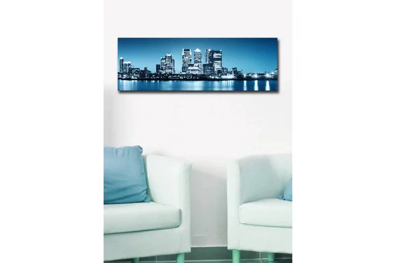 Canvas-taulu LED-valaistuksella 30x90 cm - Kaupungin siluetti moderneilla pilvenpiirtäjillä veden reunalla - Sininen / Musta / Valkoinen - Sisustustuotteet - Taulu & taide - Canvas-taulu