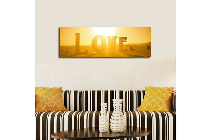 Canvas-taulu LED-valaistuksella 30x90 cm - Kiiltävä taideteos, jossa on kultainen sana LOVE - Kulta / Keltainen - Sisustustuotteet - Taulu & taide - Canvas-taulu