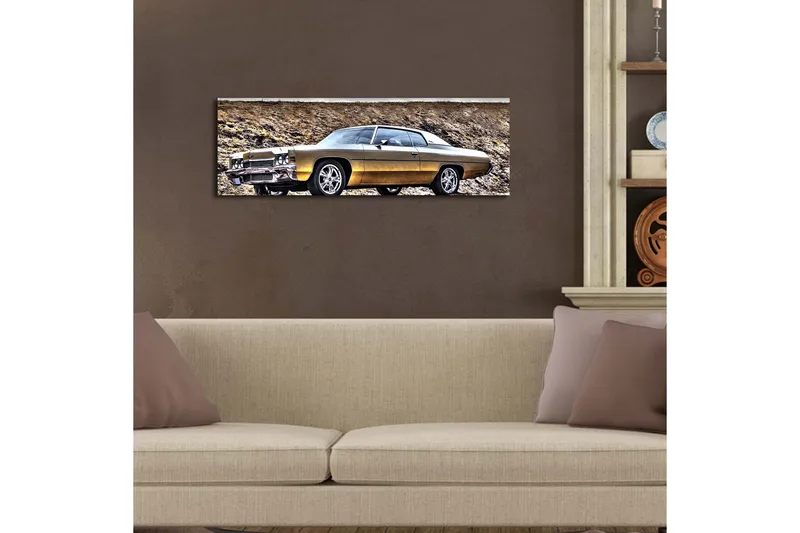 Canvas-taulu LED-valaistuksella 30x90 cm - Klassinen auto maalaismaisessa ympäristössä - Kulta / Musta / Hopea - Sisustustuotteet - Taulu & taide - Canvas-taulu
