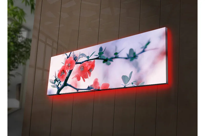 Canvas-taulu LED-valaistuksella 30x90 cm - Kukkiva oksa vaaleanpunaisilla kukilla, Vaaleanpunainen / Vihreä / Valkoinen