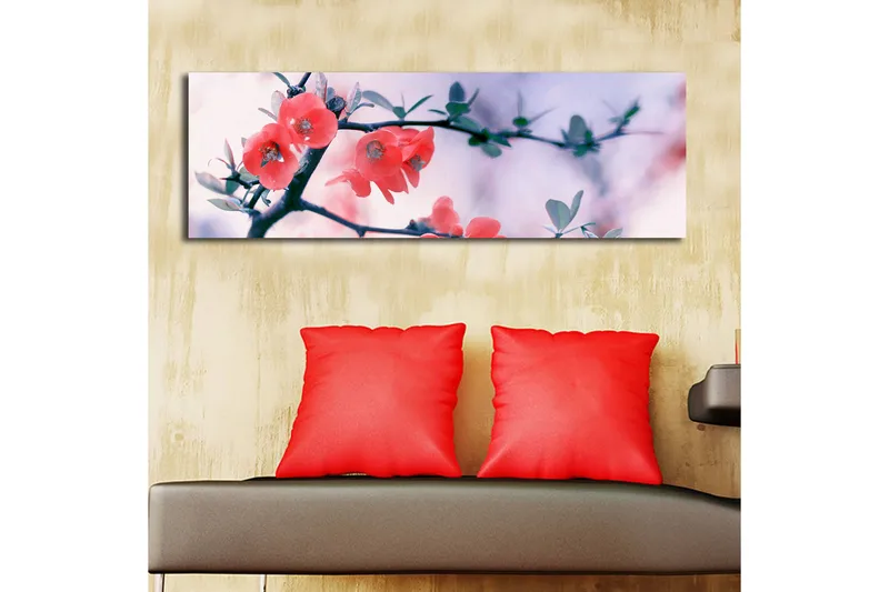 Canvas-taulu LED-valaistuksella 30x90 cm - Kukkiva oksa vaaleanpunaisilla kukilla - Vaaleanpunainen / Vihreä / Valkoinen - Sisustustuotteet - Taulu & taide - Canvas-taulu