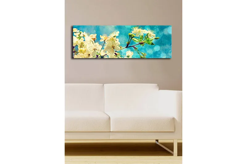 Canvas-taulu LED-valaistuksella 30x90 cm - Kukkivia kirsikanoksia vaaleansinistä taustaa vasten - Valkoinen / Vaaleansininen / Vihreä - Sisustustuotteet - Taulu & taide - Canvas-taulu