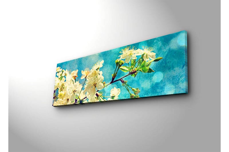 Canvas-taulu LED-valaistuksella 30x90 cm - Kukkivia kirsikanoksia vaaleansinistä taustaa vasten - Valkoinen / Vaaleansininen / Vihreä - Sisustustuotteet - Taulu & taide - Canvas-taulu