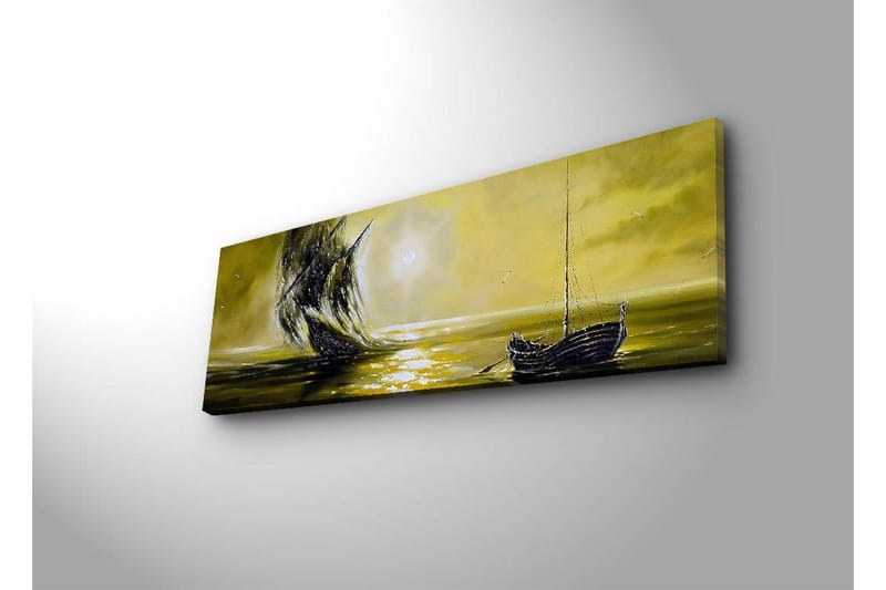 Canvas-taulu LED-valaistuksella 30x90 cm - Laiva purjehtii kohti kultaista horisonttia - Kulta / Musta - Sisustustuotteet - Taulu & taide - Canvas-taulu