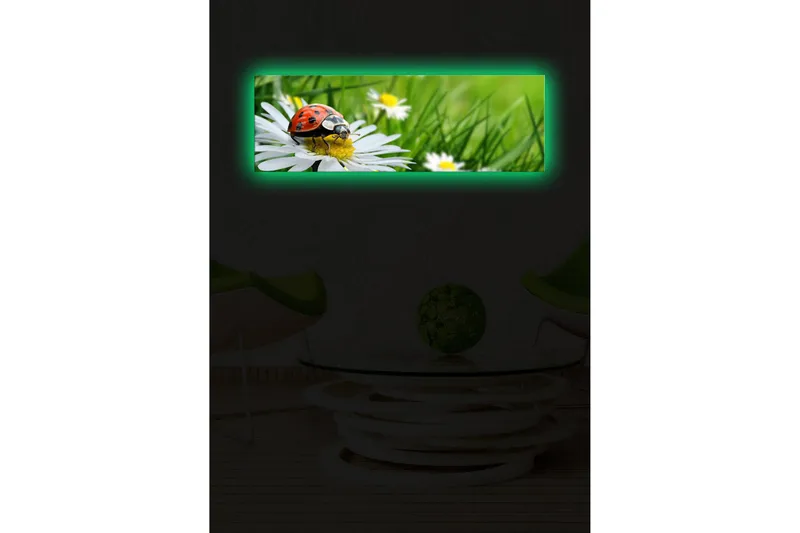 Canvas-taulu LED-valaistuksella 30x90 cm - Leppäkerttu kukassa rehevässä ympäristössä - Vihreä / Valkoinen / Punainen - Sisustustuotteet - Taulu & taide - Canvas-taulu