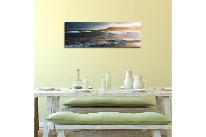 Canvas-taulu LED-valaistuksella 30x90 cm - Merimaisema aaltojen ja auringonlaskun kanssa - Sininen / Beige / Tummanvihreä - Sisustustuotteet - Taulu & taide - Canvas-taulu