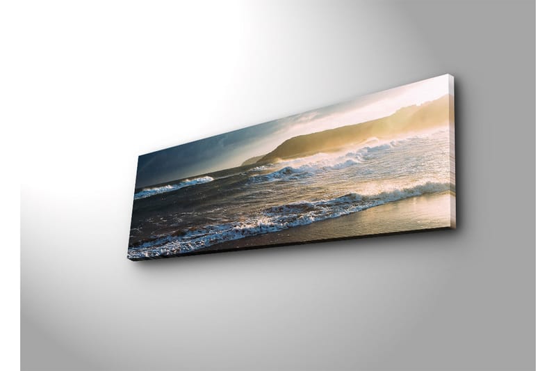 Canvas-taulu LED-valaistuksella 30x90 cm - Merimaisema aaltojen ja auringonlaskun kanssa - Sininen / Beige / Tummanvihreä - Sisustustuotteet - Taulu & taide - Canvas-taulu