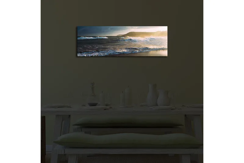 Canvas-taulu LED-valaistuksella 30x90 cm - Merimaisema aaltojen ja auringonlaskun kanssa - Sininen / Beige / Tummanvihreä - Sisustustuotteet - Taulu & taide - Canvas-taulu