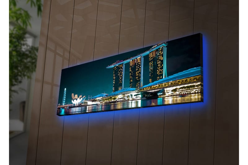 Canvas-taulu LED-valaistuksella 30x90 cm - Moderni kaupunkikuva futuristisilla rakennuksilla veden äärellä - Tummansininen / Vaaleansininen / Valkoinen - Sisustustuotteet - Taulu & taide - Canvas-taulu