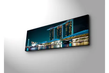 Canvas-taulu LED-valaistuksella 30x90 cm - Moderni kaupunkikuva futuristisilla rakennuksilla veden äärellä - Tummansininen / Vaaleansininen / Valkoinen - Sisustustuotteet - Taulu & taide - Canvas-taulu
