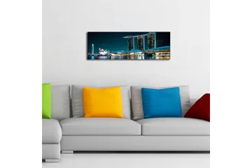 Canvas-taulu LED-valaistuksella 30x90 cm - Moderni kaupunkikuva futuristisilla rakennuksilla veden äärellä - Tummansininen / Vaaleansininen / Valkoinen - Sisustustuotteet - Taulu & taide - Canvas-taulu