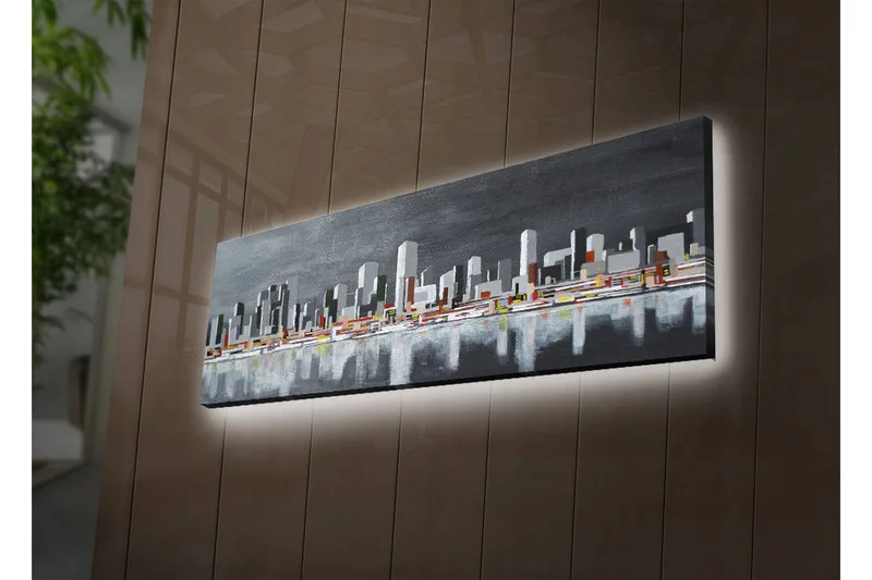 Canvas-taulu LED-valaistuksella 30x90 cm - Moderni kaupunkikuva rakennusten siluetteilla, Harmaa / Valkoinen / Oranssi
