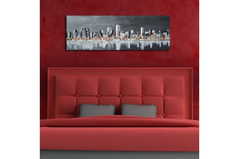 Canvas-taulu LED-valaistuksella 30x90 cm - Moderni kaupunkikuva rakennusten siluetteilla - Harmaa / Valkoinen / Oranssi - Sisustustuotteet - Taulu & taide - Canvas-taulu