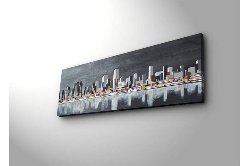 Canvas-taulu LED-valaistuksella 30x90 cm - Moderni kaupunkikuva rakennusten siluetteilla - Harmaa / Valkoinen / Oranssi - Sisustustuotteet - Taulu & taide - Canvas-taulu