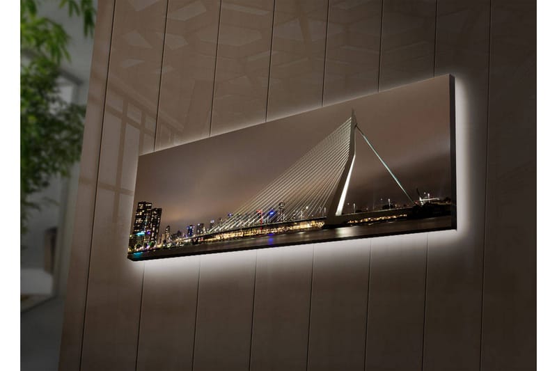 Canvas-taulu LED-valaistuksella 30x90 cm - Moderni sillanrakennus kaupungin siluetin taustalla - Tummansininen / Harmaa / Valkoinen - Sisustustuotteet - Taulu & taide - Canvas-taulu