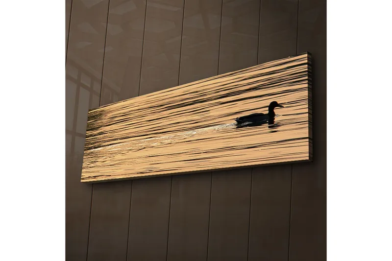 Canvas-taulu LED-valaistuksella 30x90 cm - Musta ankka ui peilimäisillä, kultaisilla vesipinnoilla - Kulta / Musta - Sisustustuotteet - Taulu & taide - Canvas-taulu