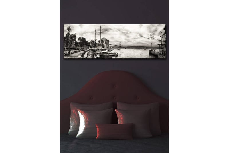 Canvas-taulu LED-valaistuksella 30x90 cm - mustavalkoinen panoraamanäkymä satamasta, moskeijasta ja veneistä - Musta / Valkoinen / Harmaa - Sisustustuotteet - Taulu & taide - Canvas-taulu