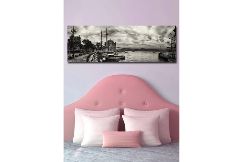 Canvas-taulu LED-valaistuksella 30x90 cm - mustavalkoinen panoraamanäkymä satamasta, moskeijasta ja veneistä - Musta / Valkoinen / Harmaa - Sisustustuotteet - Taulu & taide - Canvas-taulu