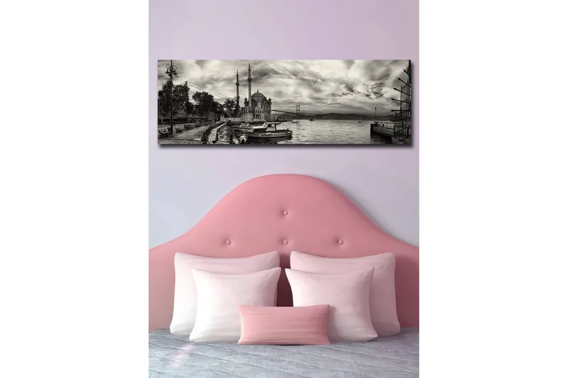 Canvas-taulu LED-valaistuksella 30x90 cm - mustavalkoinen panoraamanäkymä satamasta, moskeijasta ja veneistä - Musta / Valkoinen / Harmaa - Sisustustuotteet - Taulu & taide - Canvas-taulu