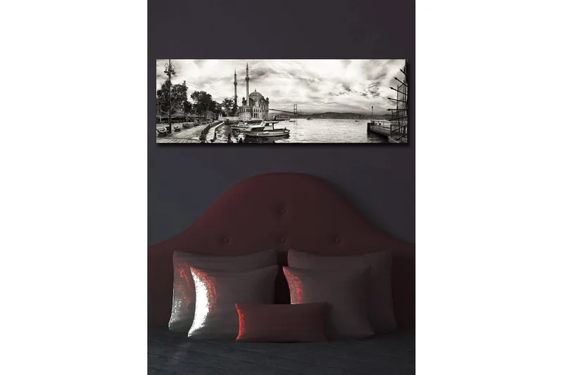 Canvas-taulu LED-valaistuksella 30x90 cm - mustavalkoinen panoraamanäkymä satamasta, moskeijasta ja veneistä - Musta / Valkoinen / Harmaa - Sisustustuotteet - Taulu & taide - Canvas-taulu