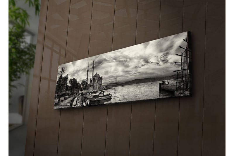 Canvas-taulu LED-valaistuksella 30x90 cm - mustavalkoinen panoraamanäkymä satamasta, moskeijasta ja veneistä - Musta / Valkoinen / Harmaa - Sisustustuotteet - Taulu & taide - Canvas-taulu