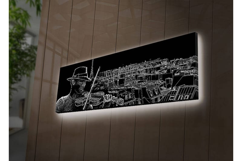Canvas-taulu LED-valaistuksella 30x90 cm - Muusikko soittaa viulua kaupungin siluetin taustalla - Musta / Valkoinen - Sisustustuotteet - Taulu & taide - Canvas-taulu