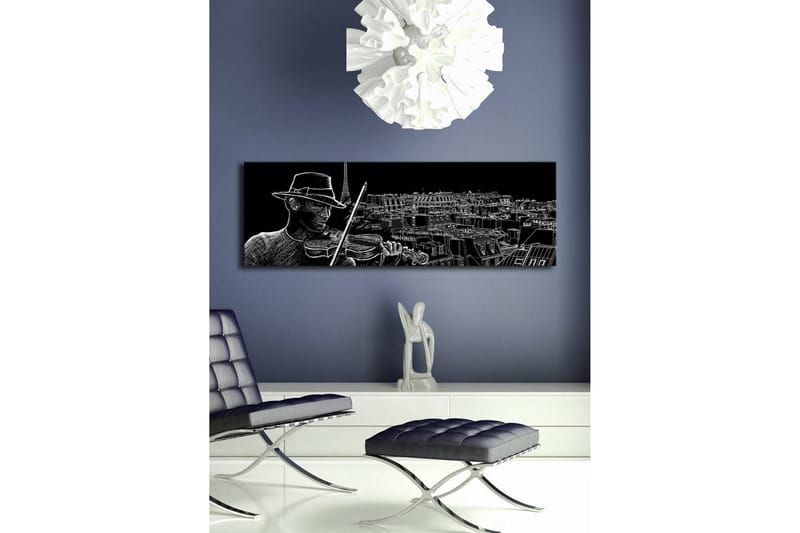 Canvas-taulu LED-valaistuksella 30x90 cm - Muusikko soittaa viulua kaupungin siluetin taustalla - Musta / Valkoinen - Sisustustuotteet - Taulu & taide - Canvas-taulu