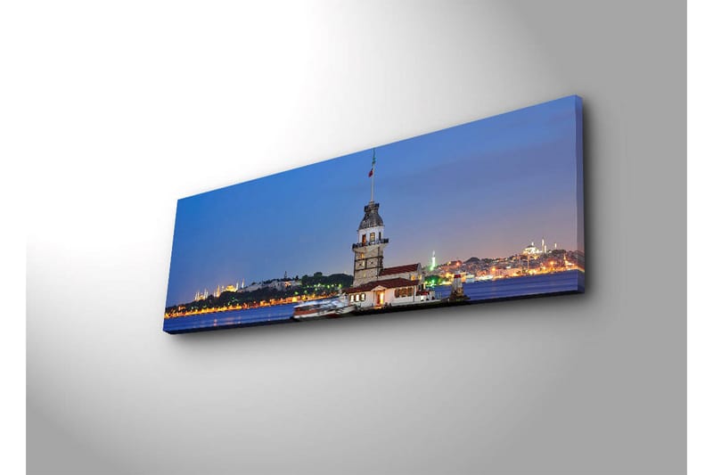 Canvas-taulu LED-valaistuksella 30x90 cm - Näkymä historiallisesta majakasta meren rannalla hämärässä - Sininen / Valkoinen / Harmaa - Sisustustuotteet - Taulu & taide - Canvas-taulu