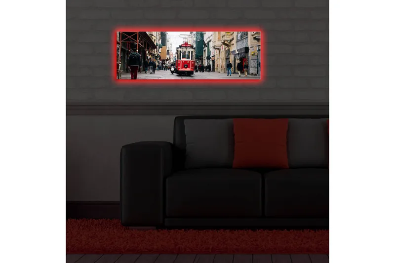 Canvas-taulu LED-valaistuksella 30x90 cm - Raitiovaunu vilkkaalla kadulla - Punainen / Harmaa / Beige - Sisustustuotteet - Taulu & taide - Canvas-taulu