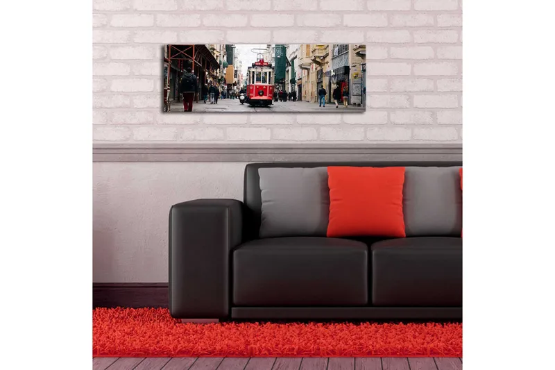Canvas-taulu LED-valaistuksella 30x90 cm - Raitiovaunu vilkkaalla kadulla - Punainen / Harmaa / Beige - Sisustustuotteet - Taulu & taide - Canvas-taulu