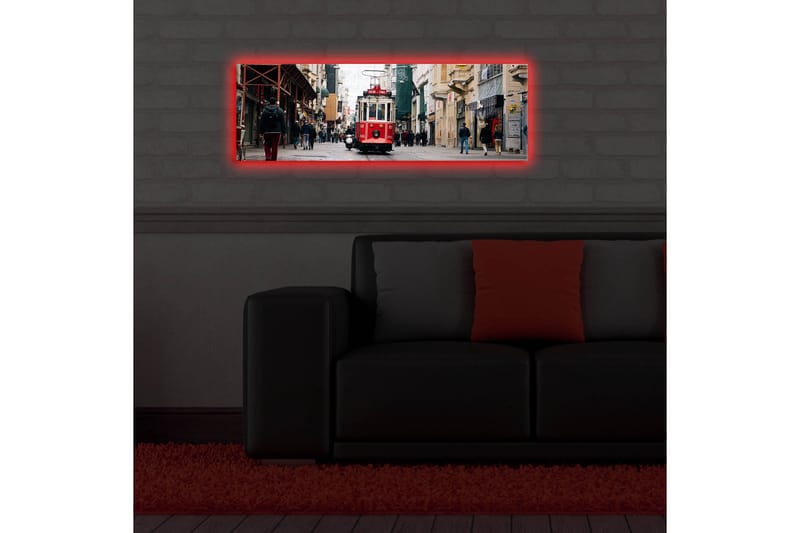 Canvas-taulu LED-valaistuksella 30x90 cm - Raitiovaunu vilkkaalla kadulla - Punainen / Harmaa / Beige - Sisustustuotteet - Taulu & taide - Canvas-taulu
