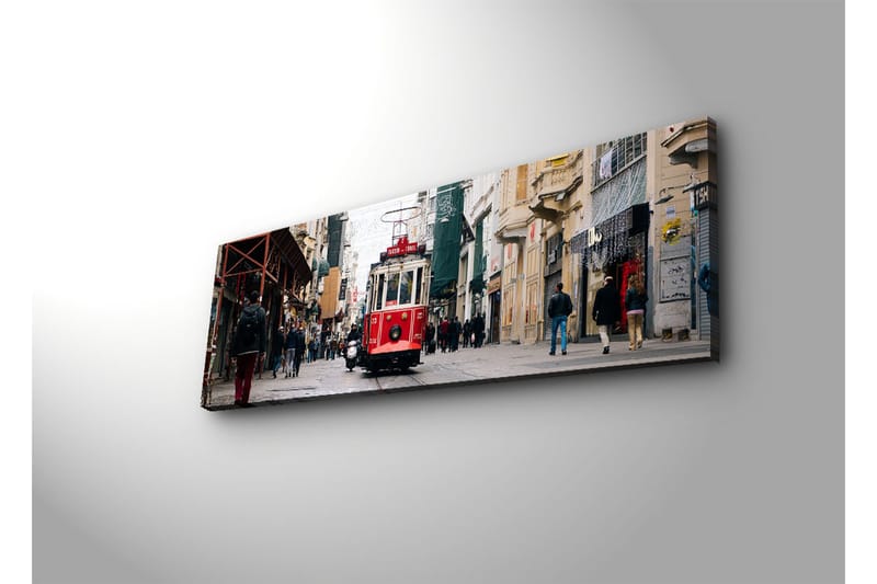 Canvas-taulu LED-valaistuksella 30x90 cm - Raitiovaunu vilkkaalla kadulla - Punainen / Harmaa / Beige - Sisustustuotteet - Taulu & taide - Canvas-taulu