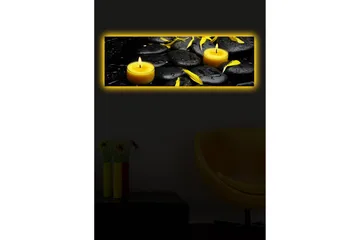 Canvas-taulu LED-valaistuksella 30x90 cm - Rauhoittava sommitelma mustilla kivillä ja palavilla kynttilöillä - Musta / Keltainen / Harmaa - Sisustustuotteet - Taulu & taide - Canvas-taulu