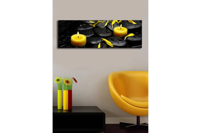 Canvas-taulu LED-valaistuksella 30x90 cm - Rauhoittava sommitelma mustilla kivillä ja palavilla kynttilöillä - Musta / Keltainen / Harmaa - Sisustustuotteet - Taulu & taide - Canvas-taulu