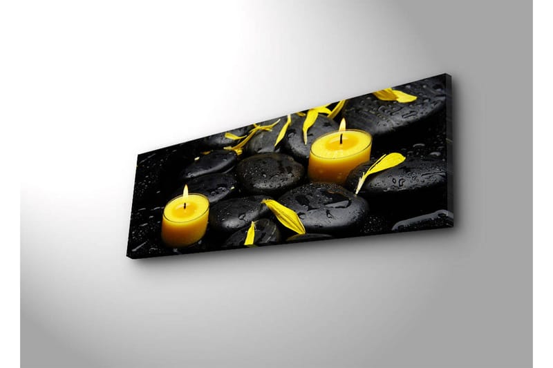 Canvas-taulu LED-valaistuksella 30x90 cm - Rauhoittava sommitelma mustilla kivillä ja palavilla kynttilöillä - Musta / Keltainen / Harmaa - Sisustustuotteet - Taulu & taide - Canvas-taulu